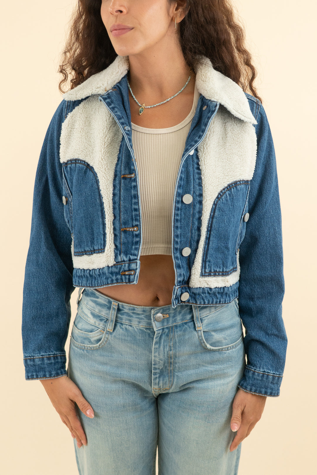 AUCTION blank nyc dark wash denim and cream fur jacket (s)