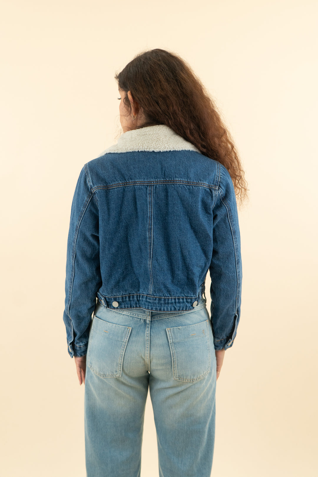 AUCTION blank nyc dark wash denim and cream fur jacket (s)