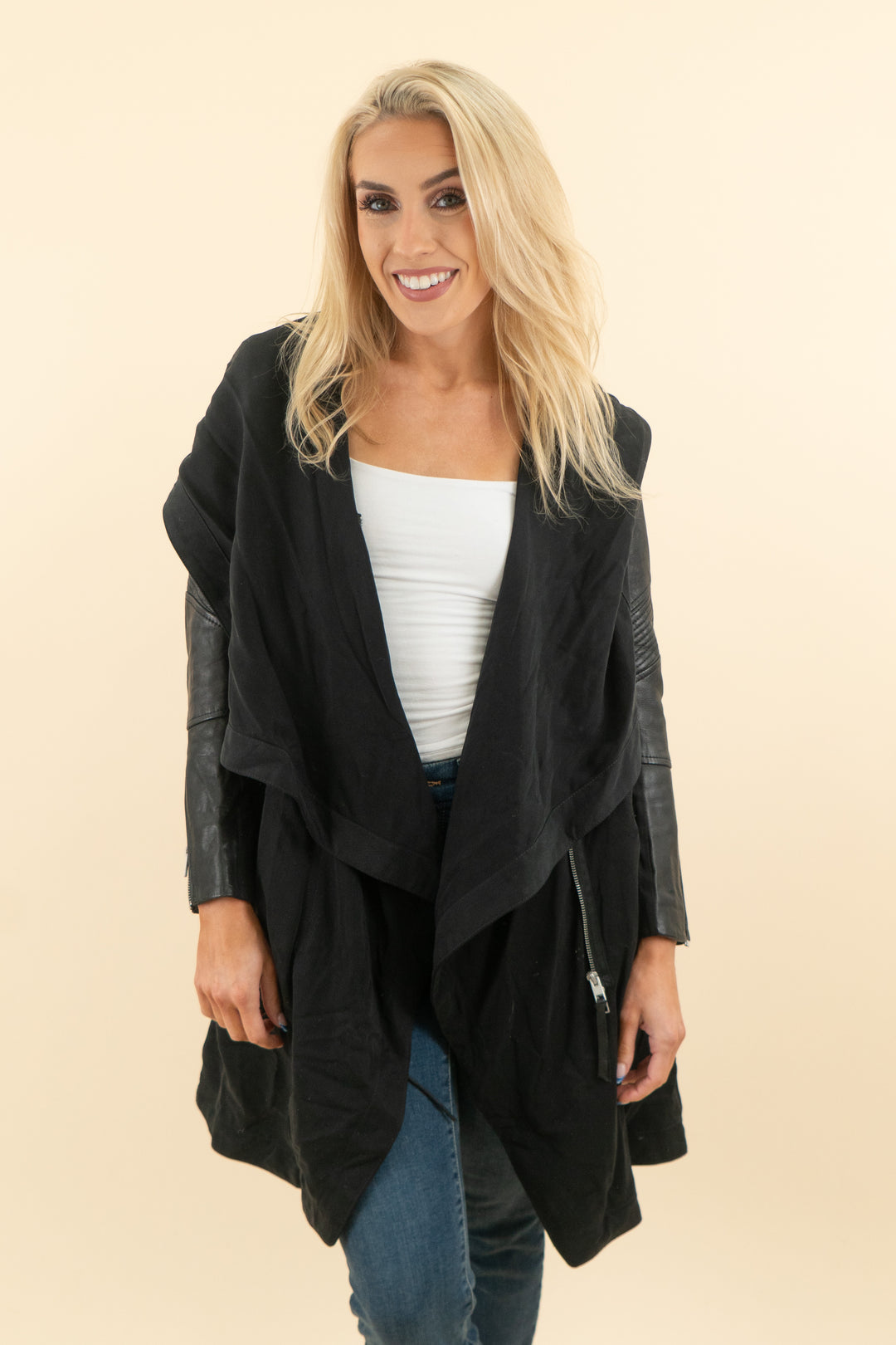 all saints black leather and canvas long oversized jacket (xs; retail $345)