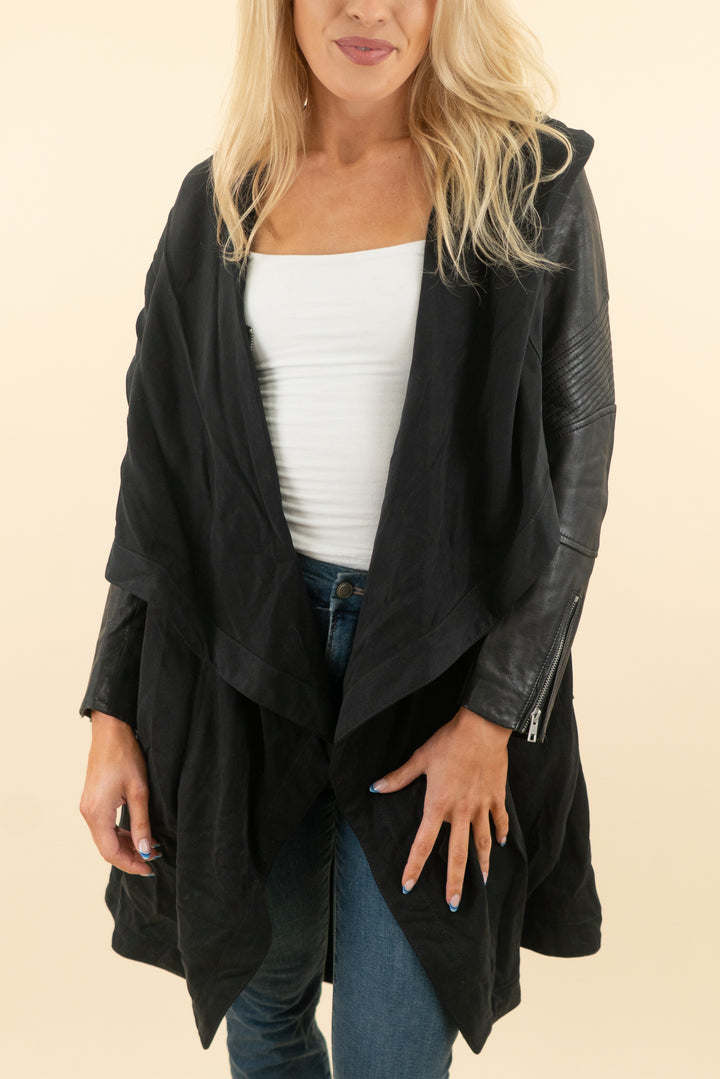 all saints black leather and canvas long oversized jacket (xs; retail $345)