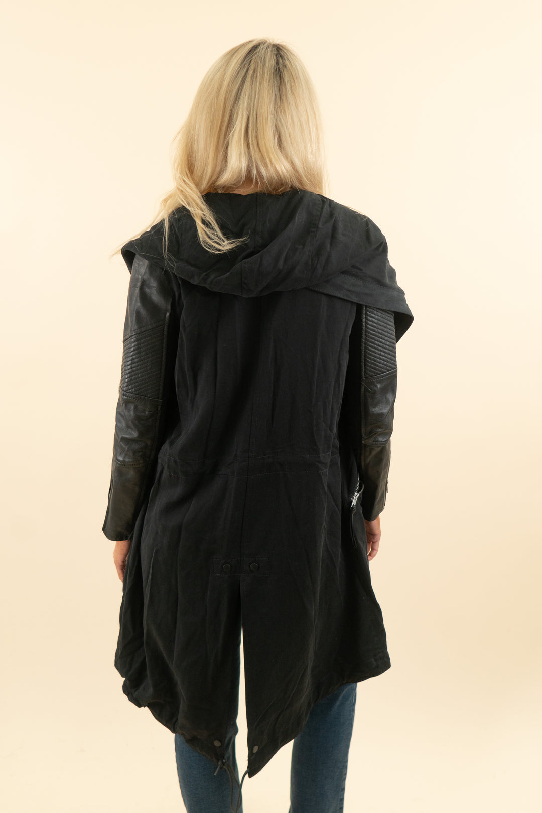all saints black leather and canvas long oversized jacket (xs; retail $345)
