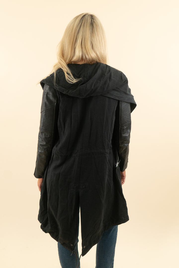 all saints black leather and canvas long oversized jacket (xs; retail $345)