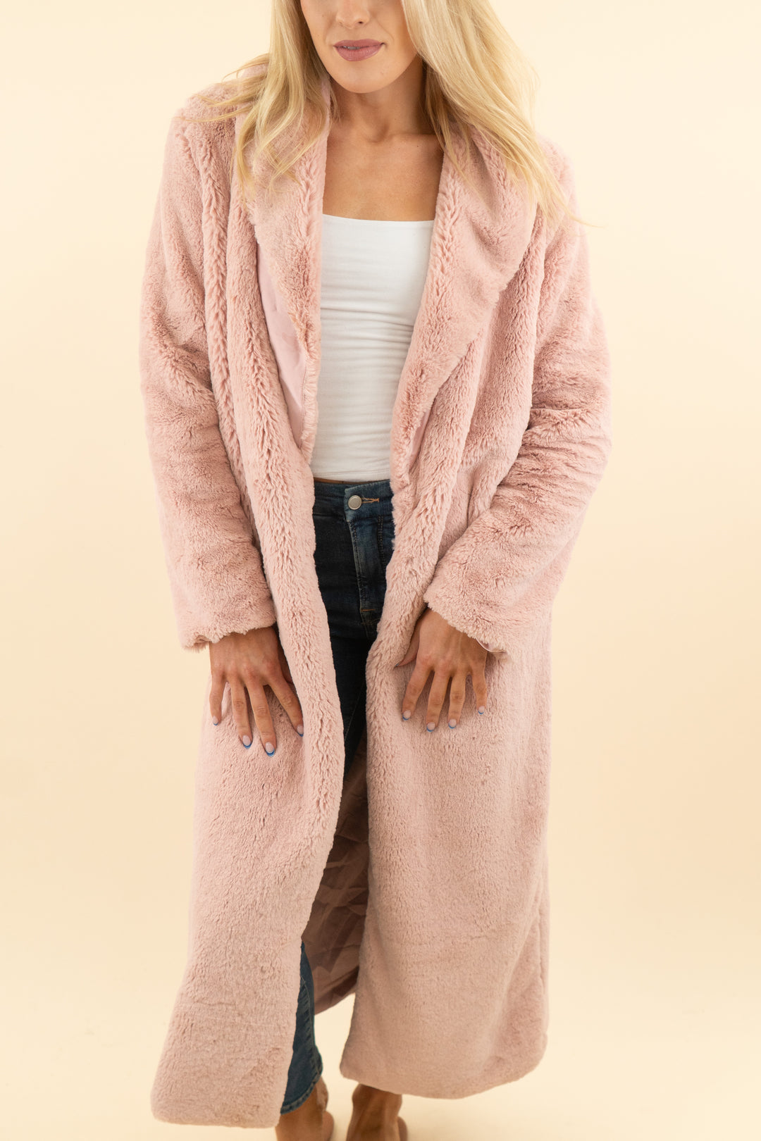 AUCTION house of cb light pink long fur coat (s)