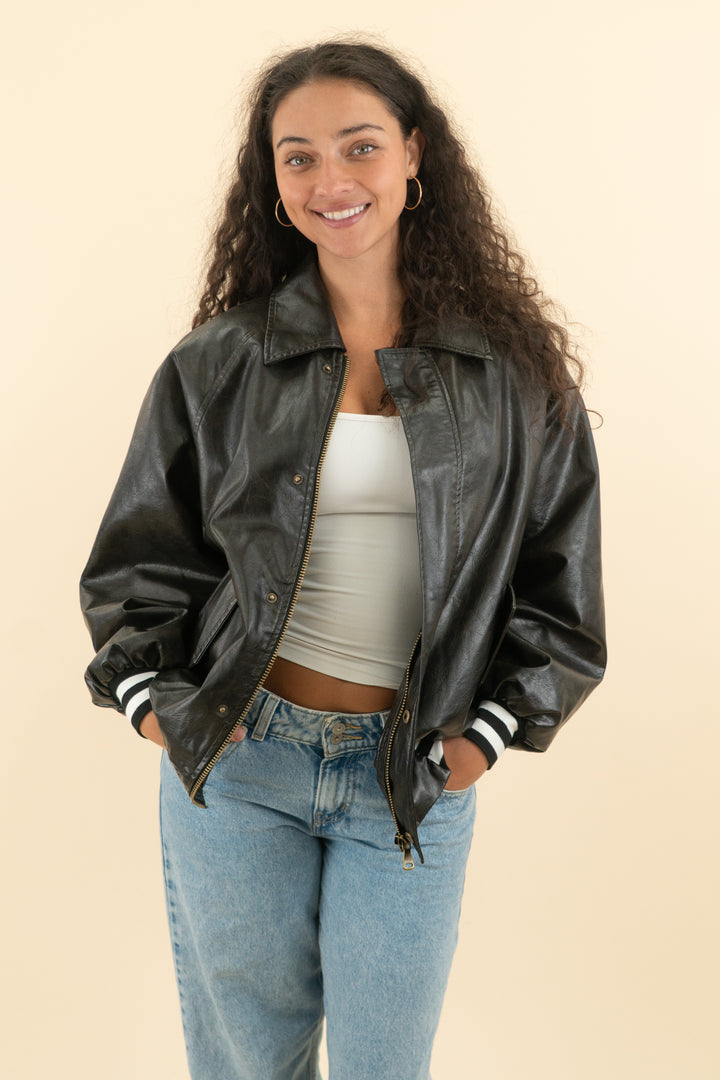 AUCTION lioness black leather bomber jacket (s)