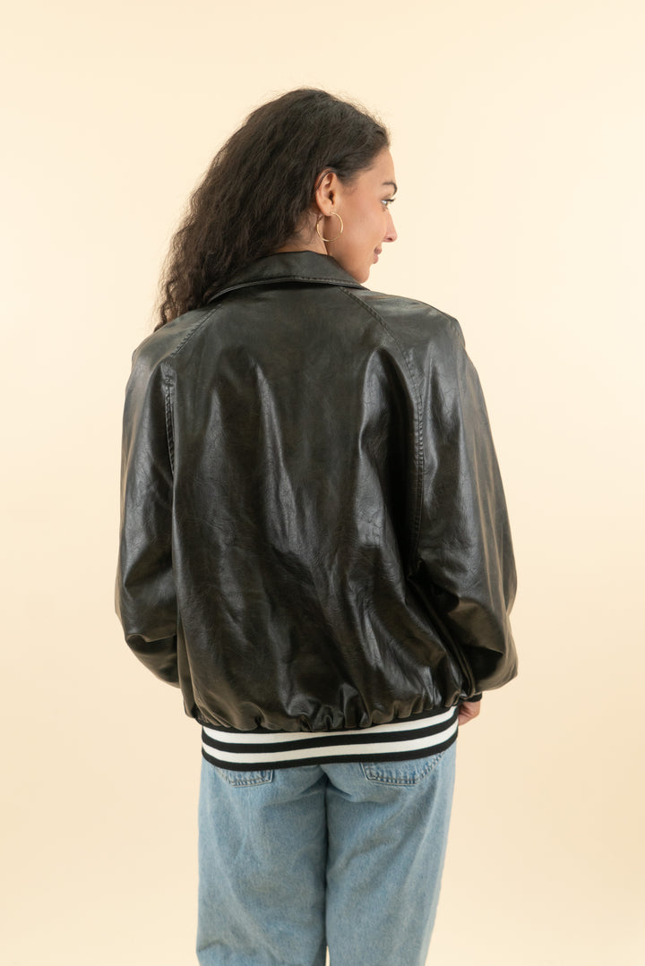 AUCTION lioness black leather bomber jacket (s)