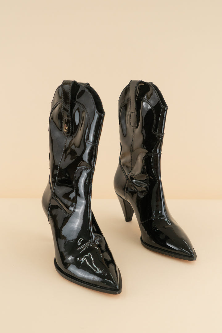 AUCTION larroude black latex high heel booties (8.5)