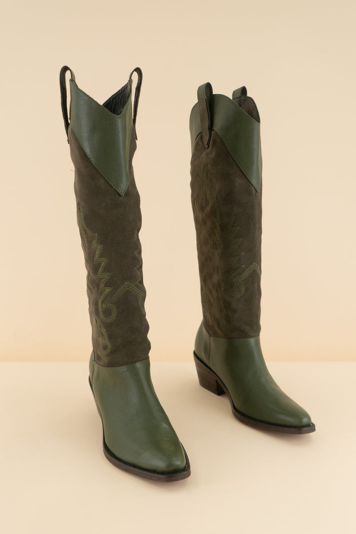 johanna ortiz dark green suede/leather cowboy boots (38/ US 7-8; retail $1,553)
