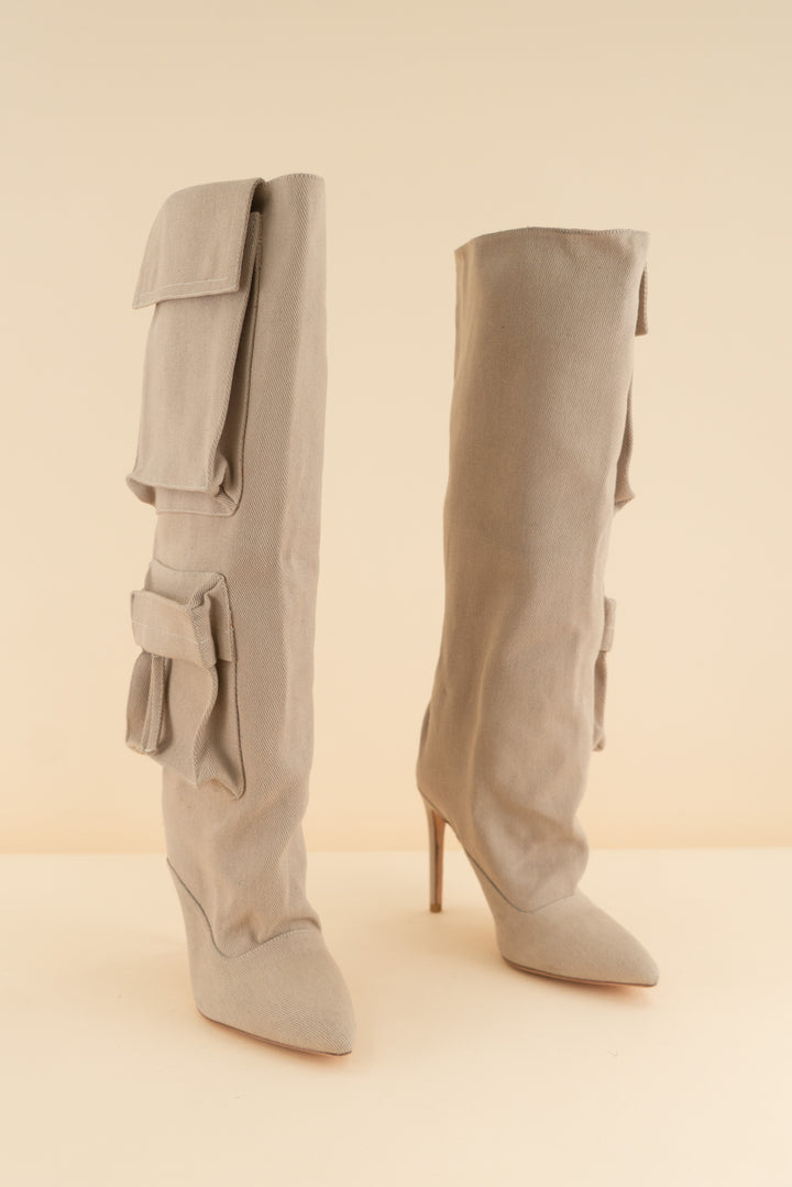 naked wardrobe tan canvas cargo high heel boots (38: retail $300)