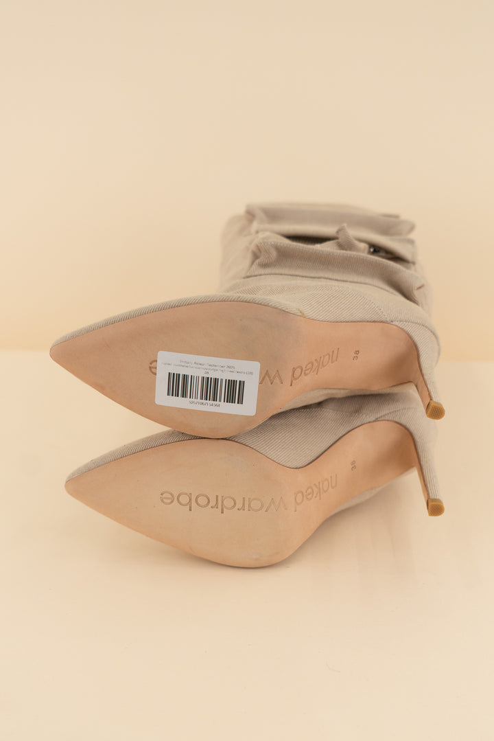 naked wardrobe tan canvas cargo high heel boots (38: retail $300)