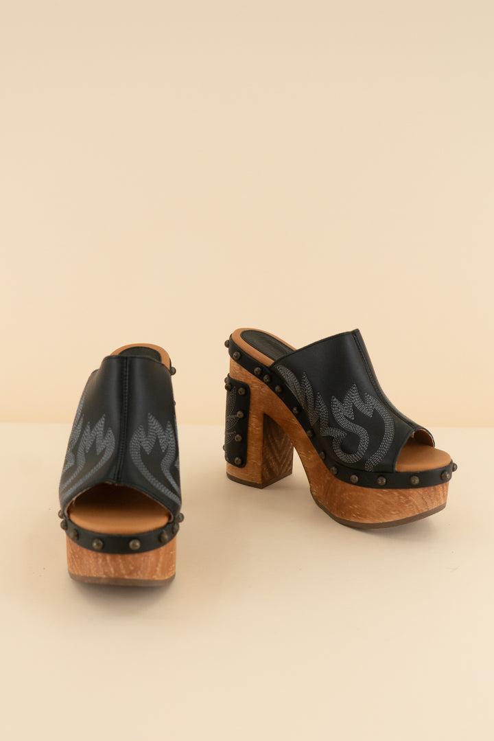 dingo black leather cowboy open toe chunky heel* (8; retail $139)