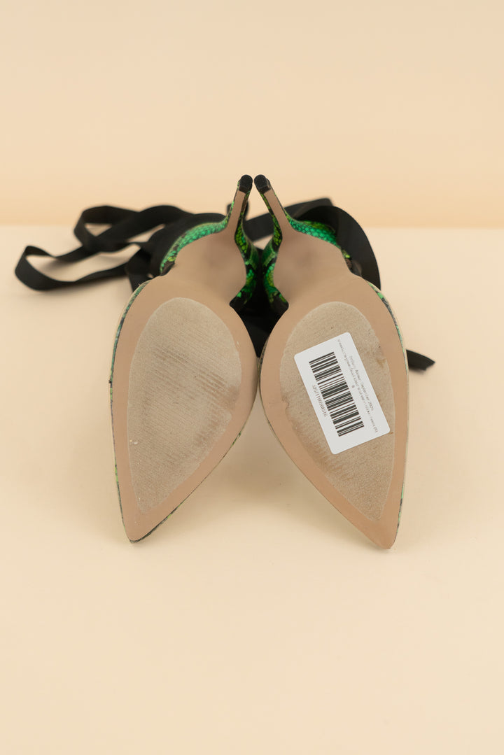AUCTION shoedazzle green/black/clear snakeskin ribbon heels (8)