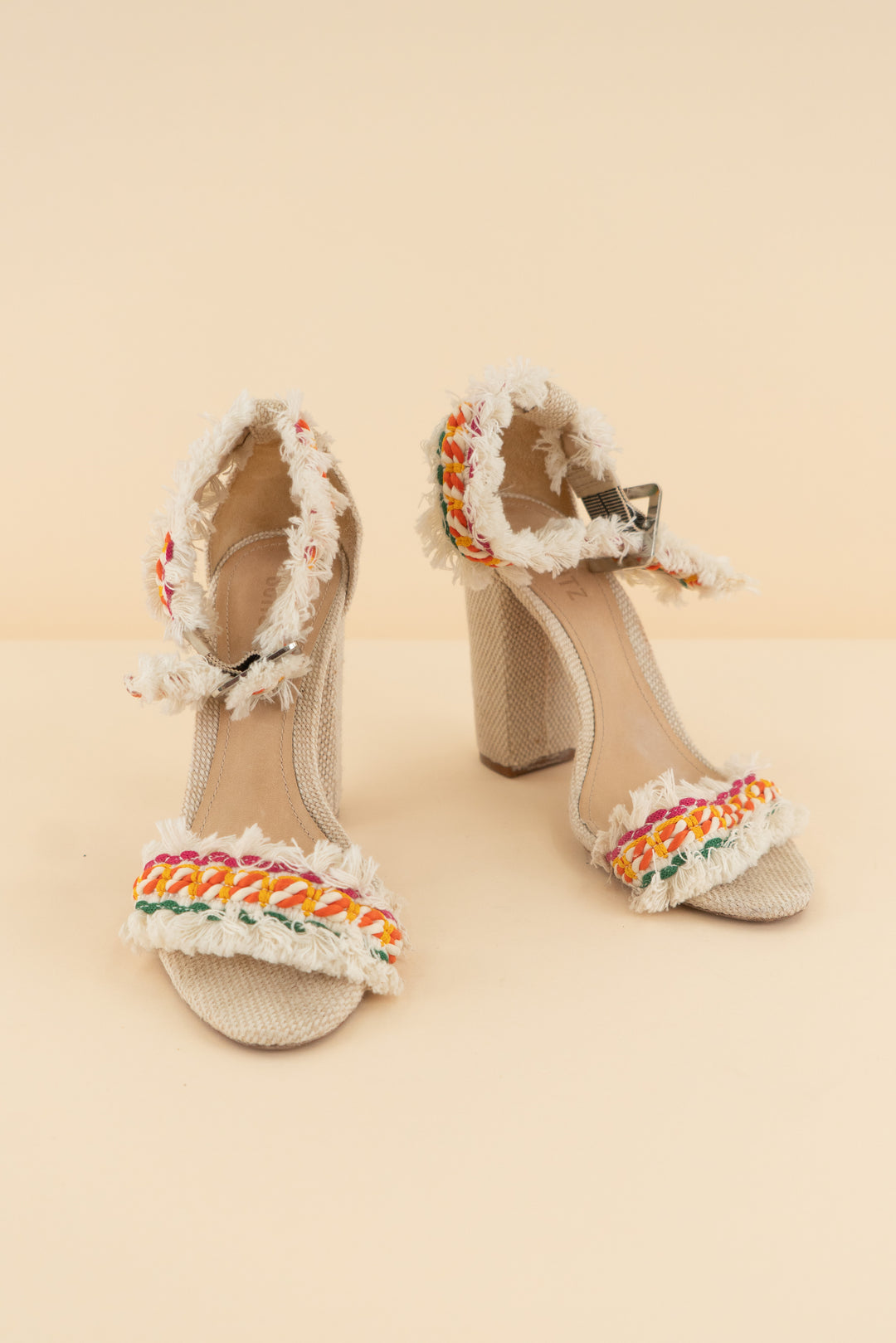AUCTION schutz white/colorful fringe heels (8)