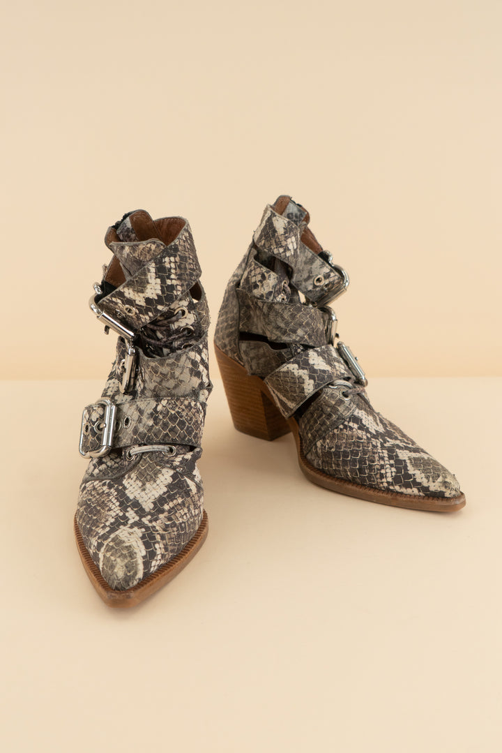 jeffrey campbell snakeskin buckle booties (8; retail $180)