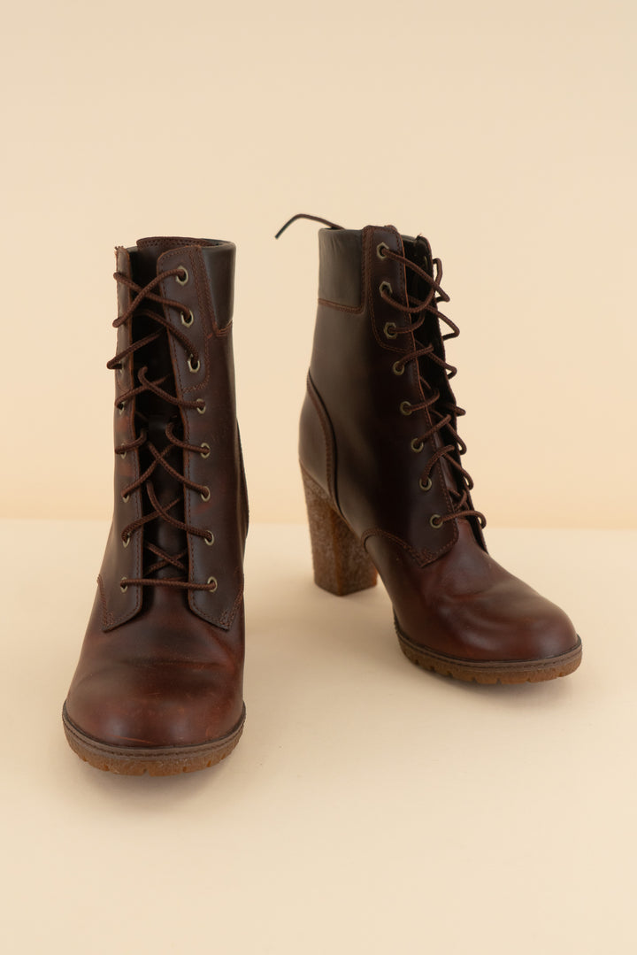 timberland maroon leather lace up high heel booties (8; retail $150)