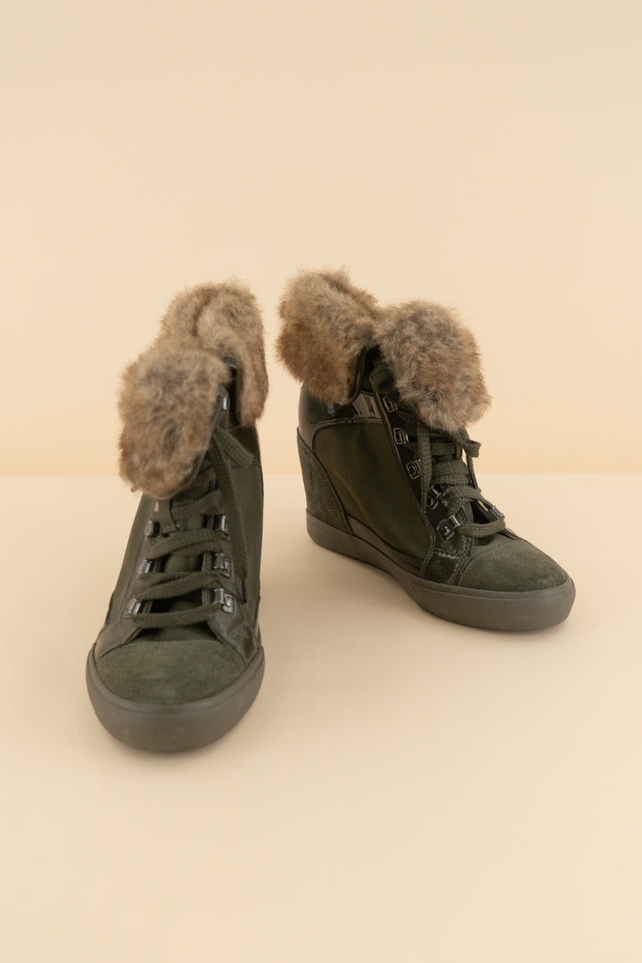 aldo olive green fur high top sneaker wedges (8; retail $98)