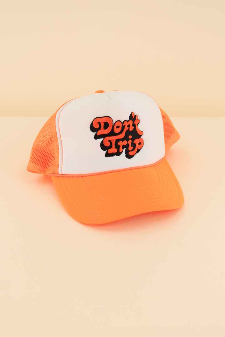 AUCTION free & easy neon orange "don't trip" embroidered trucker hat (os)