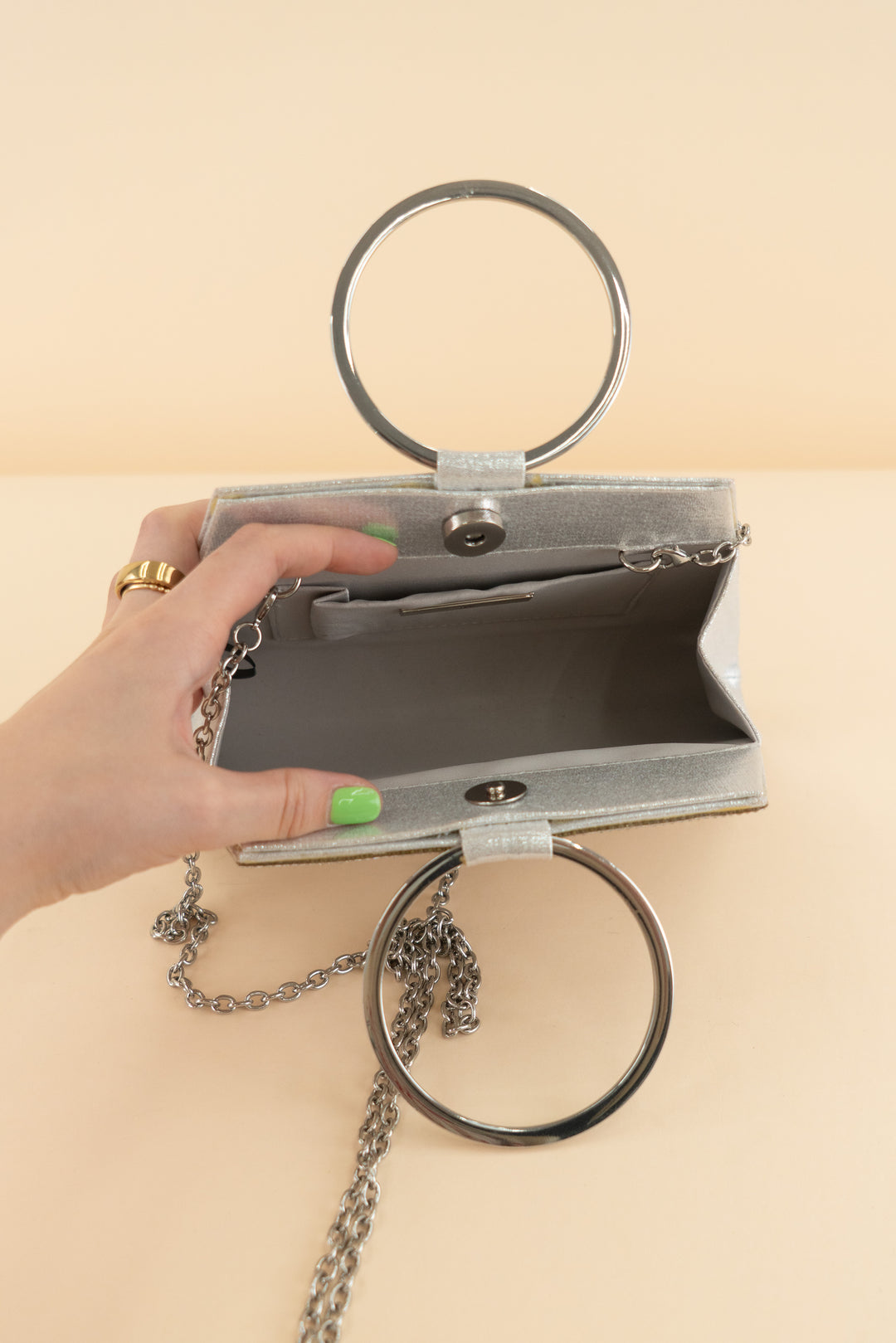 AUCTION i.n.c silver rhinestone ring handle bag