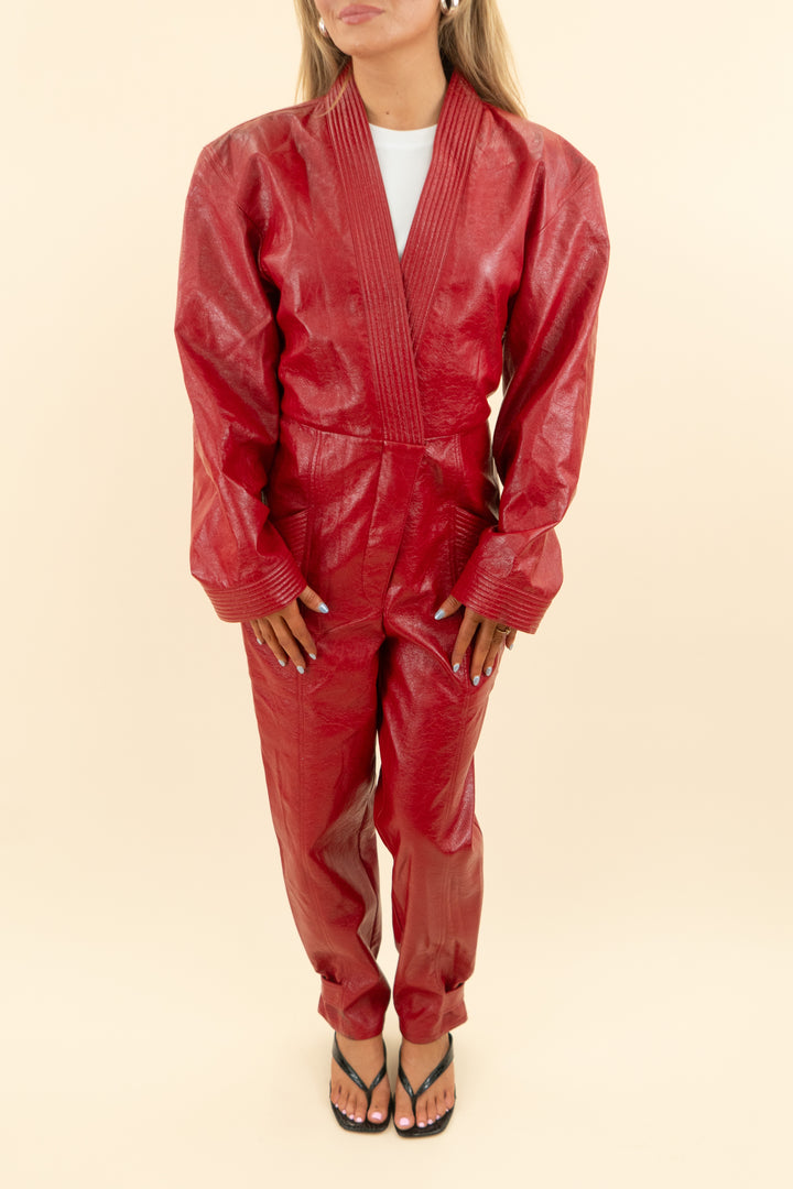 AUCTION philosophy di lorenzo red faux leather belted jumpsuit (4)
