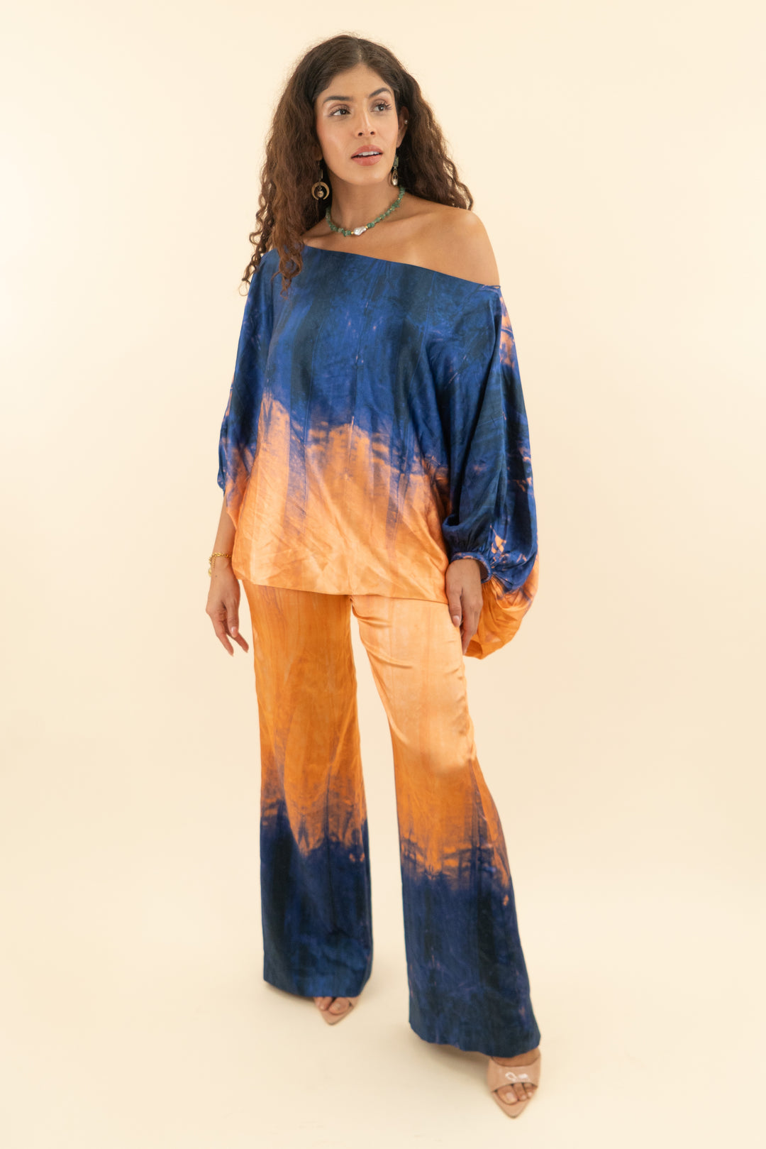 AUCTION silvia tcherassi navy and orange ombre satin wide leg pant and top set (s; retail $1850)