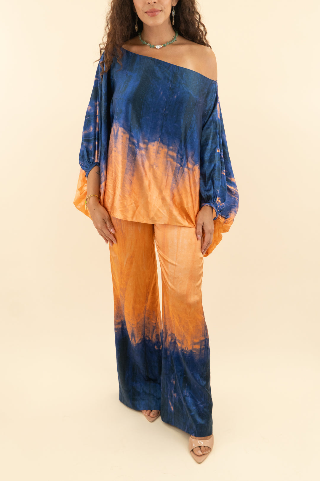 AUCTION silvia tcherassi navy and orange ombre satin wide leg pant and top set (s; retail $1850)
