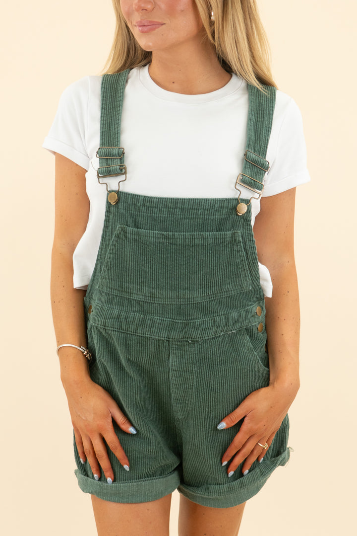 princess polly dark green corduroy short overalls (4; retail $65)