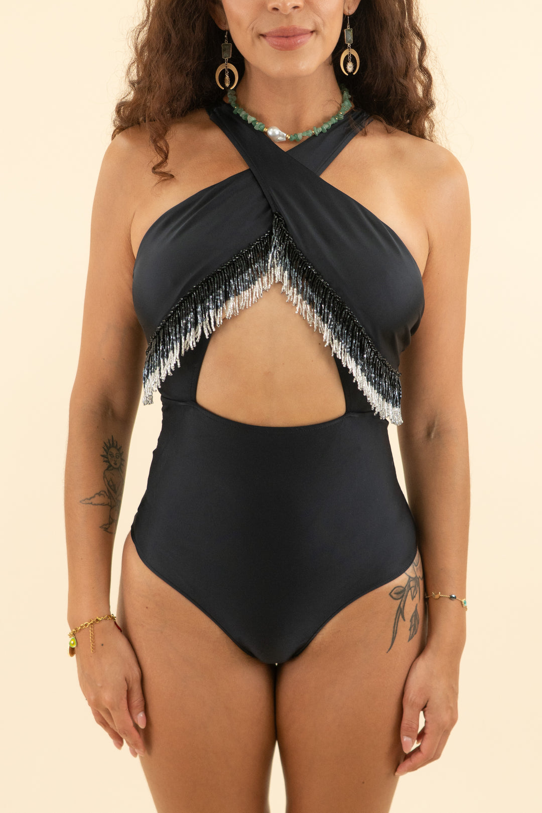 patbo black beaded fringe one piece swimsuit* (m; retail $450)