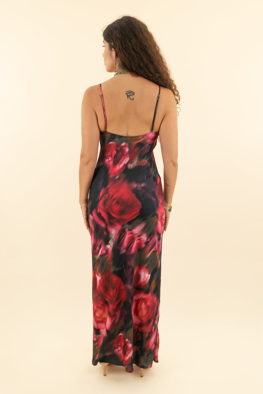 AUCTION black rose print satin cowl neck maxi dress (s)