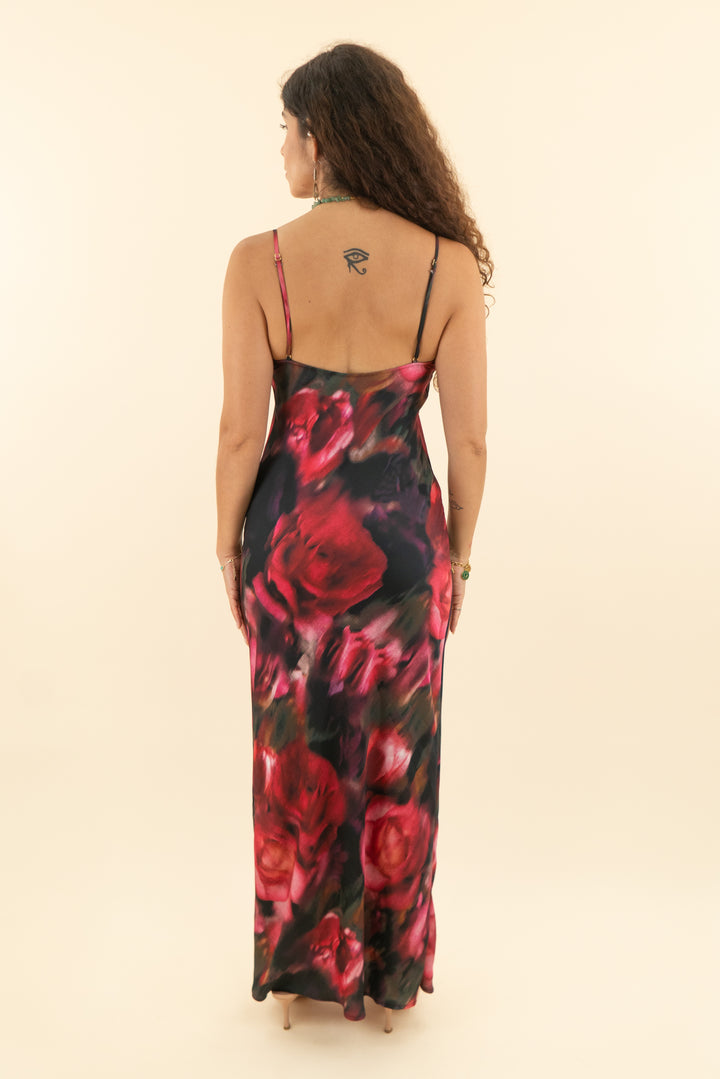 AUCTION black rose print satin cowl neck maxi dress (s)