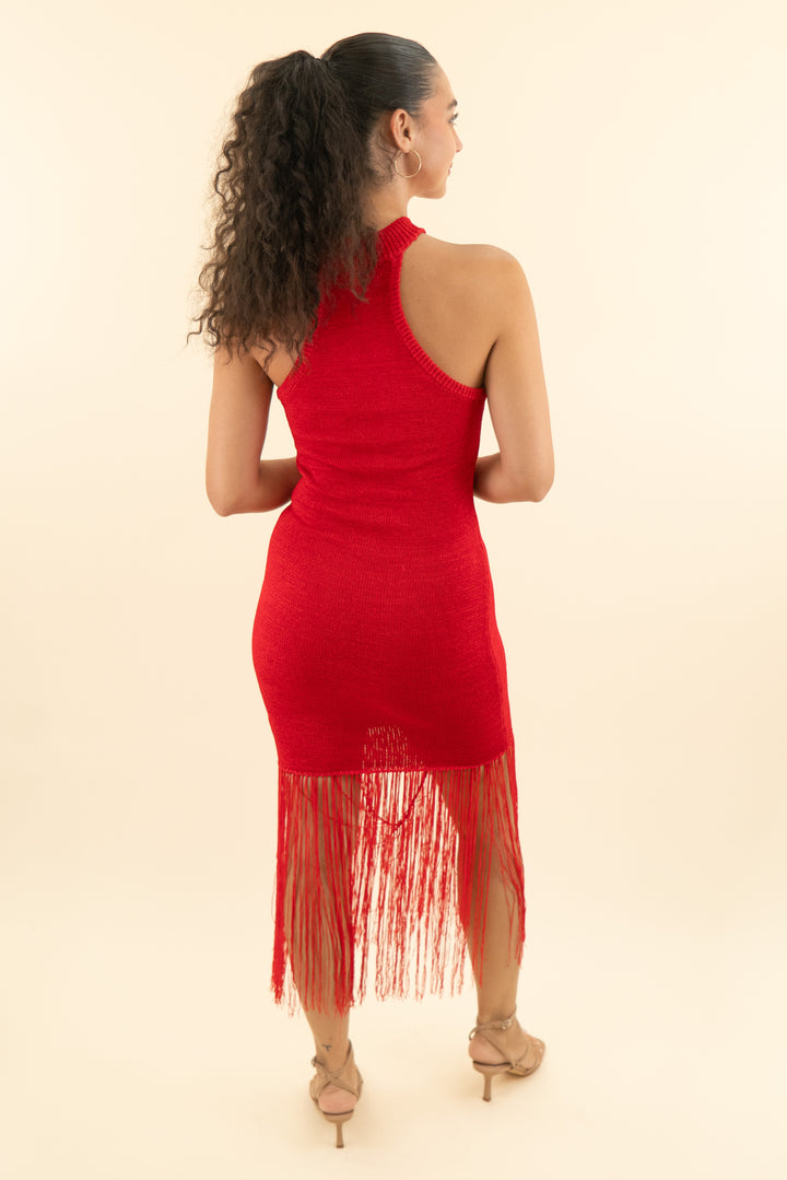 AUCTION wow couture red knit fringe hem midi dress (s)