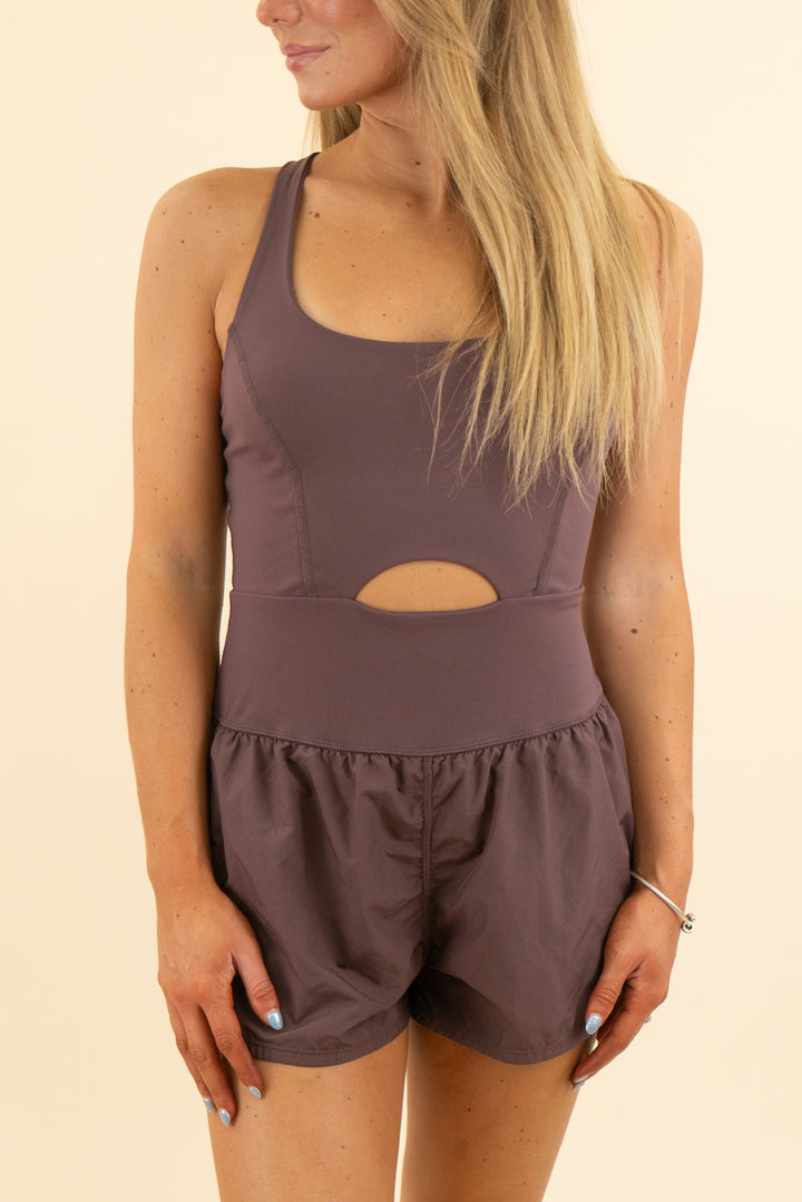 free people chocolate brown crossback romper (s; retail $98)