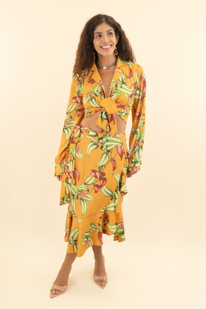 AUCTION patbo yellow floral wrap top and skirt set (s)