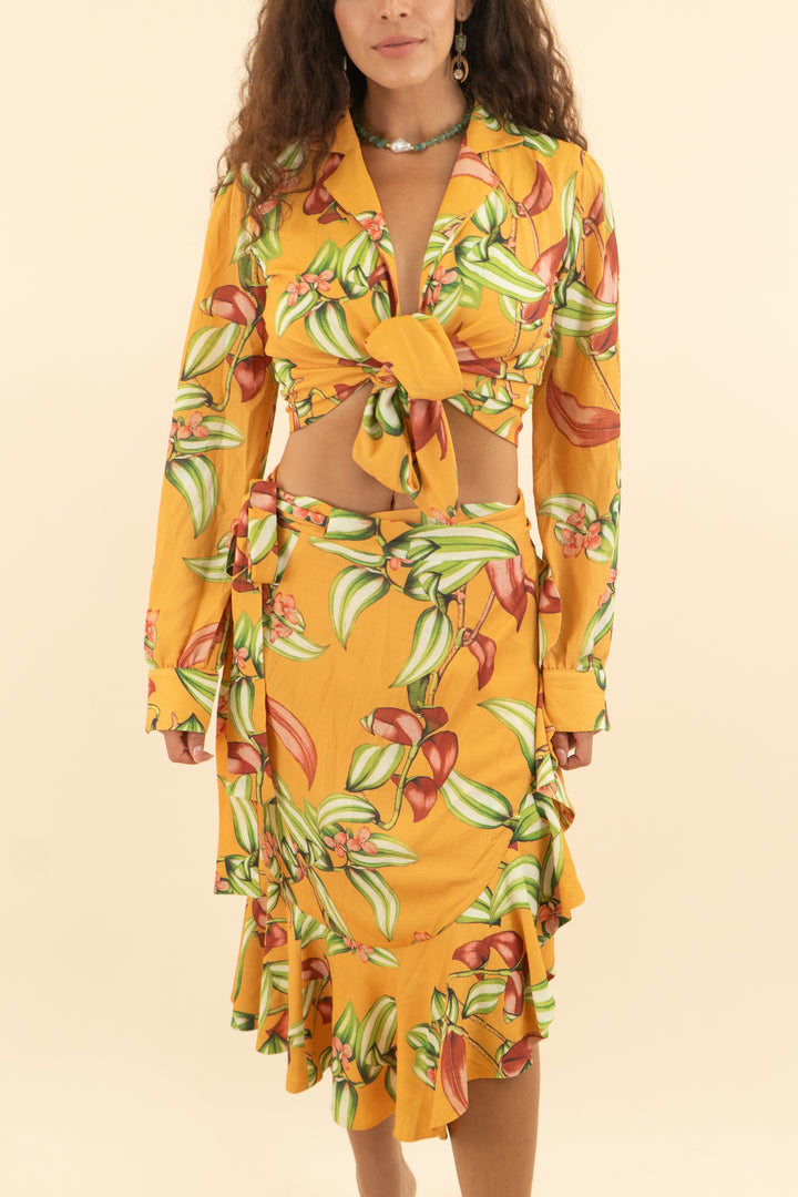 AUCTION patbo yellow floral wrap top and skirt set (s)