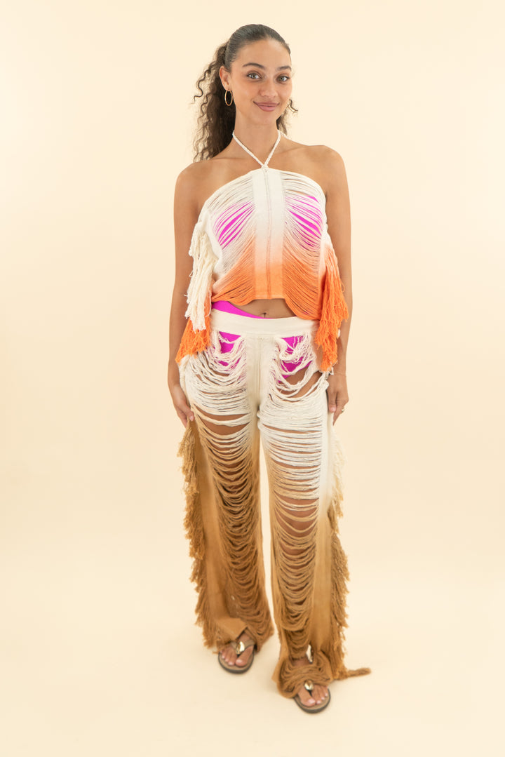 AUCTION tboo cream orange ripped side tassel skinny pants top set (s)
