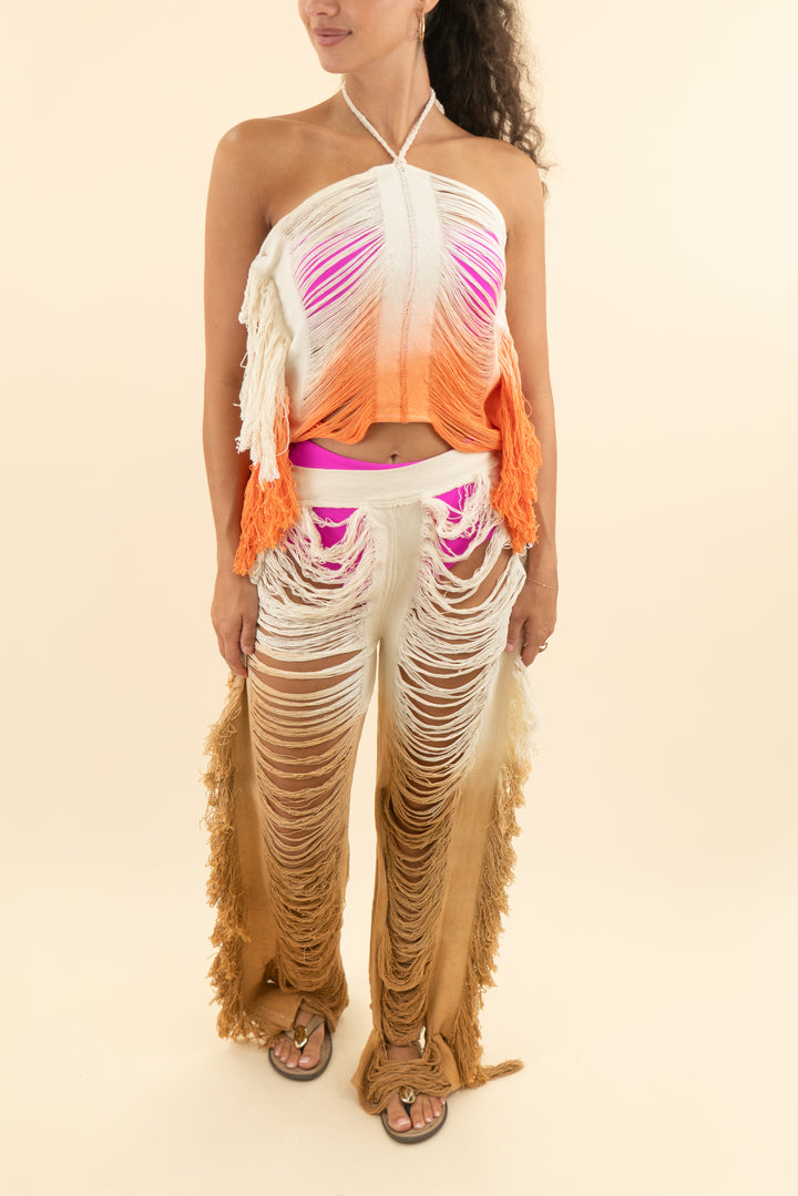 AUCTION tboo cream orange ripped side tassel skinny pants top set (s)