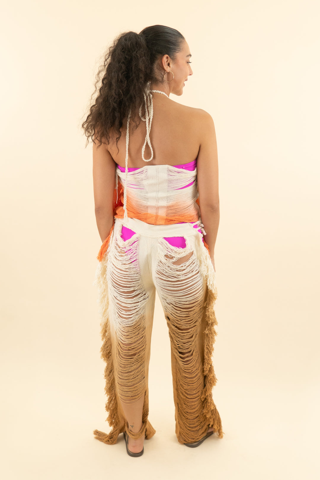AUCTION tboo cream orange ripped side tassel skinny pants top set (s)