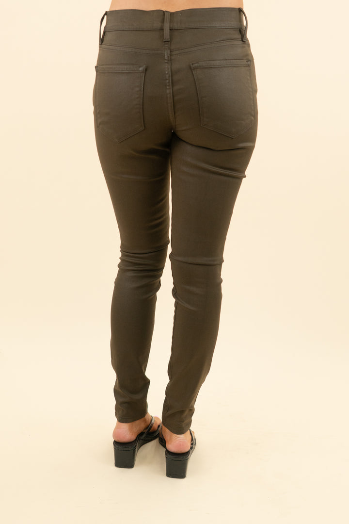 frame green/brown coated skinny pants (26; retail $298)