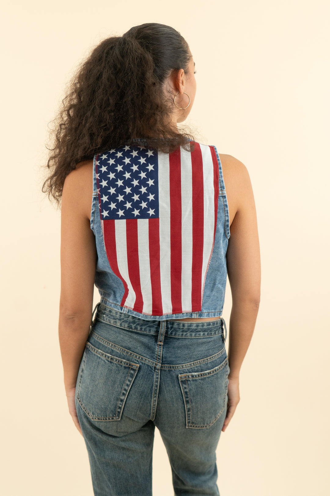 AUCTION three sons medium wash denim vest with american flag (l)