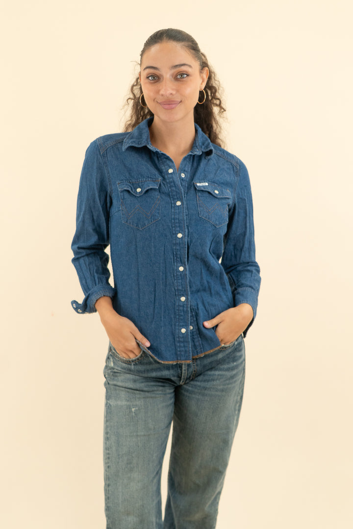 AUCTION wrangler+staud dark wash denim button down top (s)