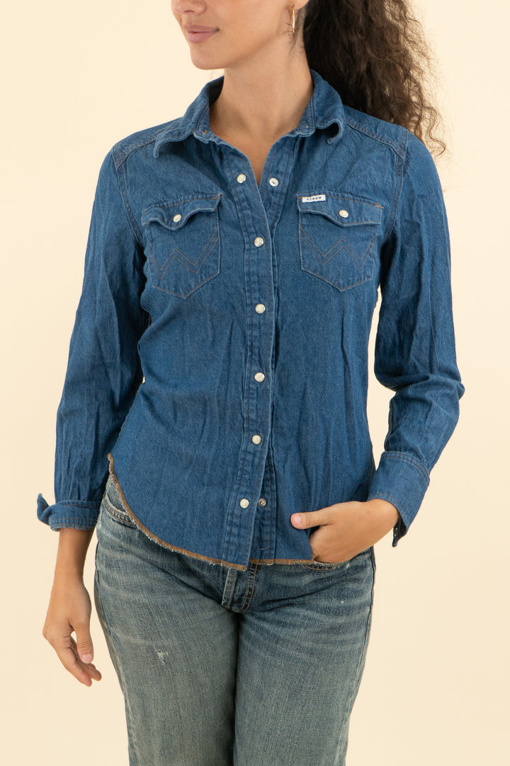 AUCTION wrangler+staud dark wash denim button down top (s)