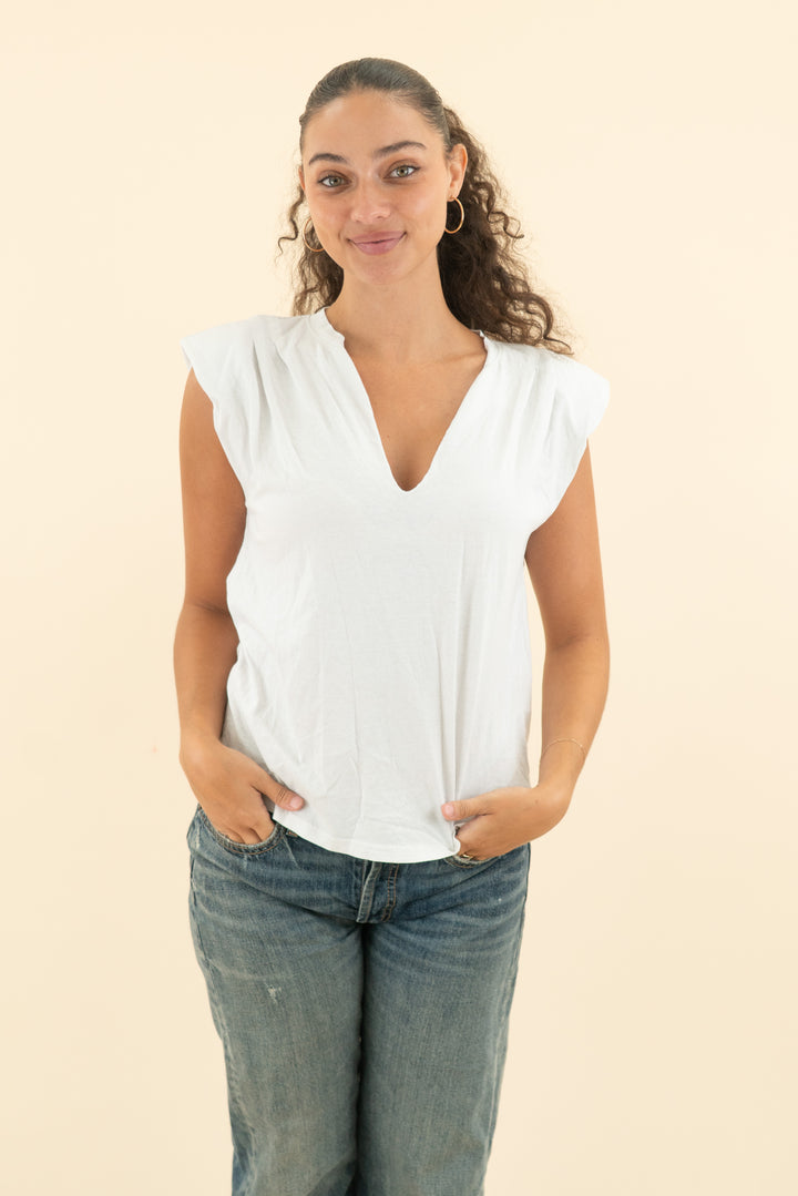 frame white sleeveless tank with shoulder pads (m; retail $98)
