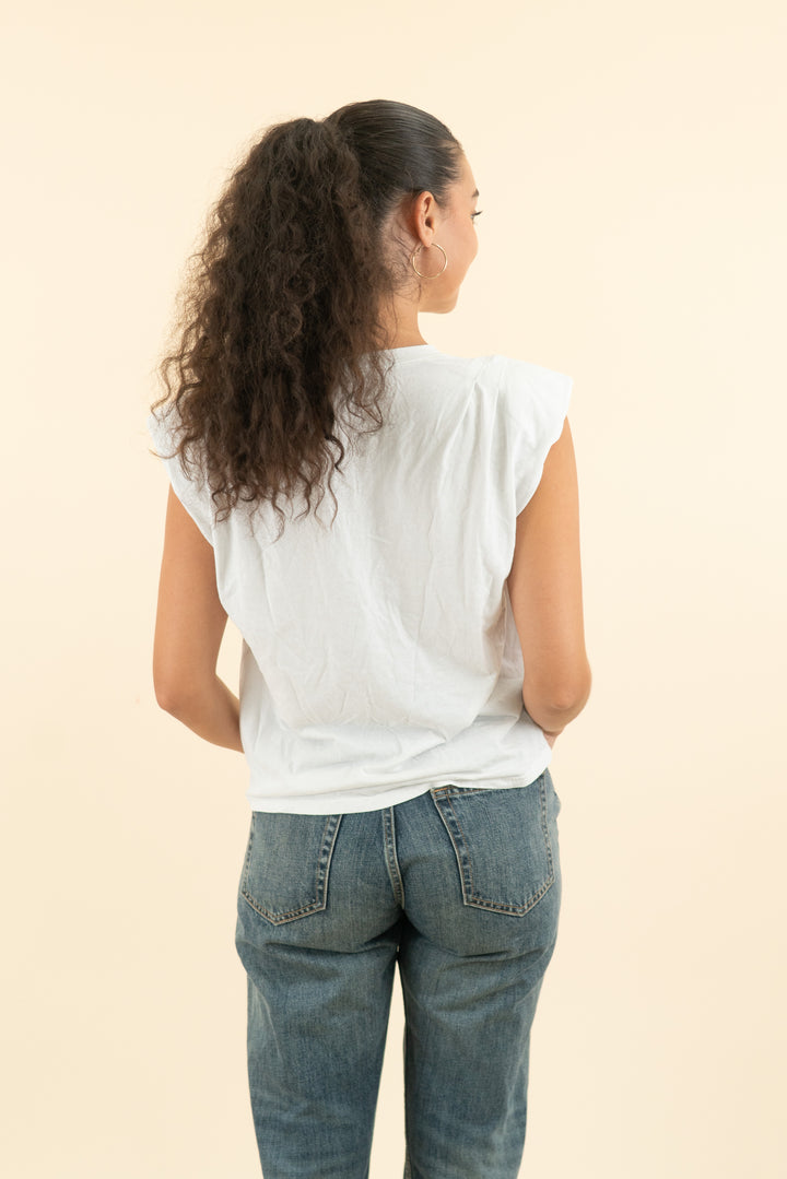 frame white sleeveless tank with shoulder pads (m; retail $98)