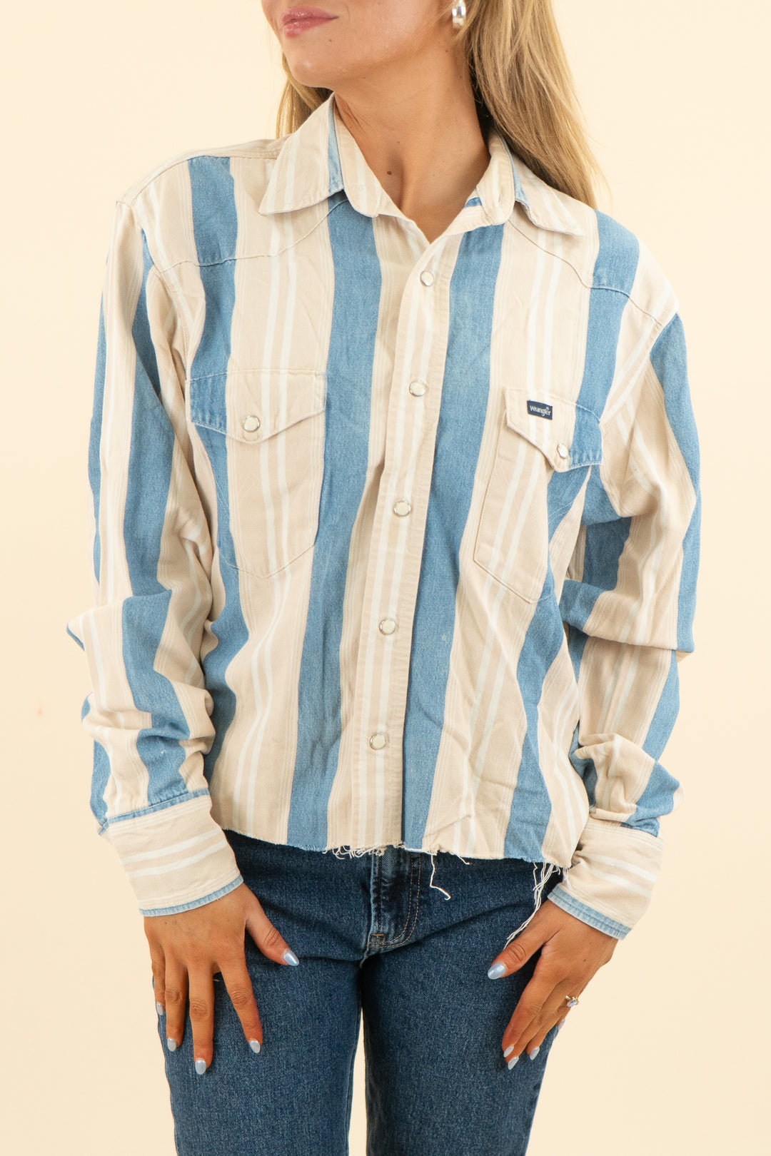 AUCTION wrangler medium wash and tan stripe button down top (s/m)