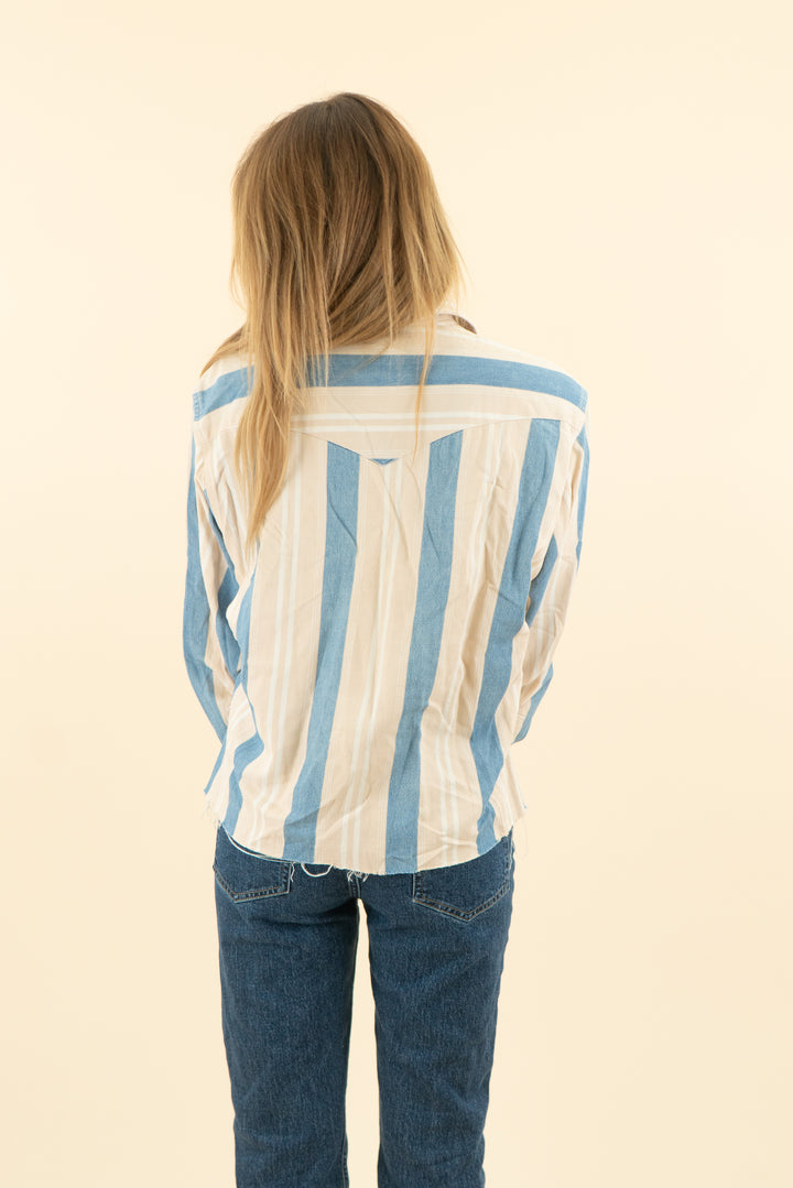 AUCTION wrangler medium wash and tan stripe button down top (s/m)