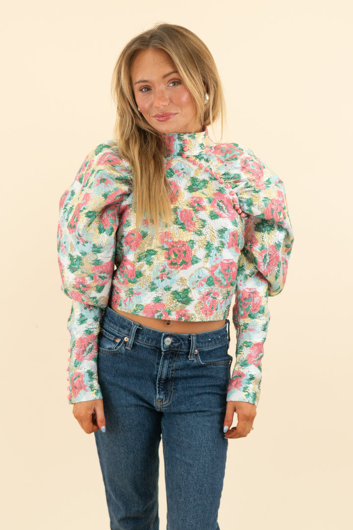 AUCTION rotate pink metallic floral jacquard puff sleeve top with buttons (6)