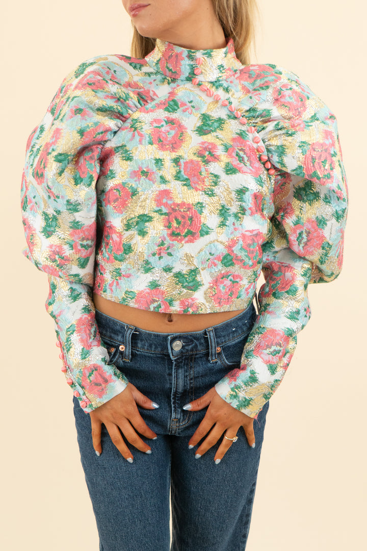 AUCTION rotate pink metallic floral jacquard puff sleeve top with buttons (6)