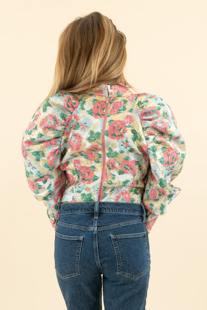 AUCTION rotate pink metallic floral jacquard puff sleeve top with buttons (6)