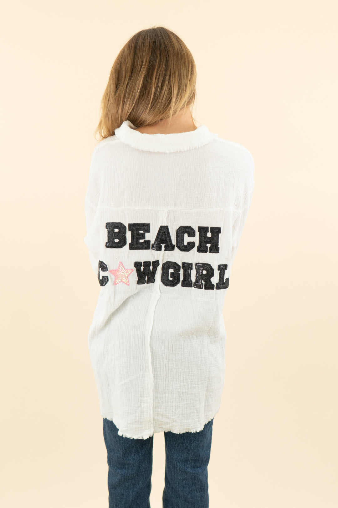AUCTION judith march ivory muslin glitter "beach cowgirl" button down top (m)