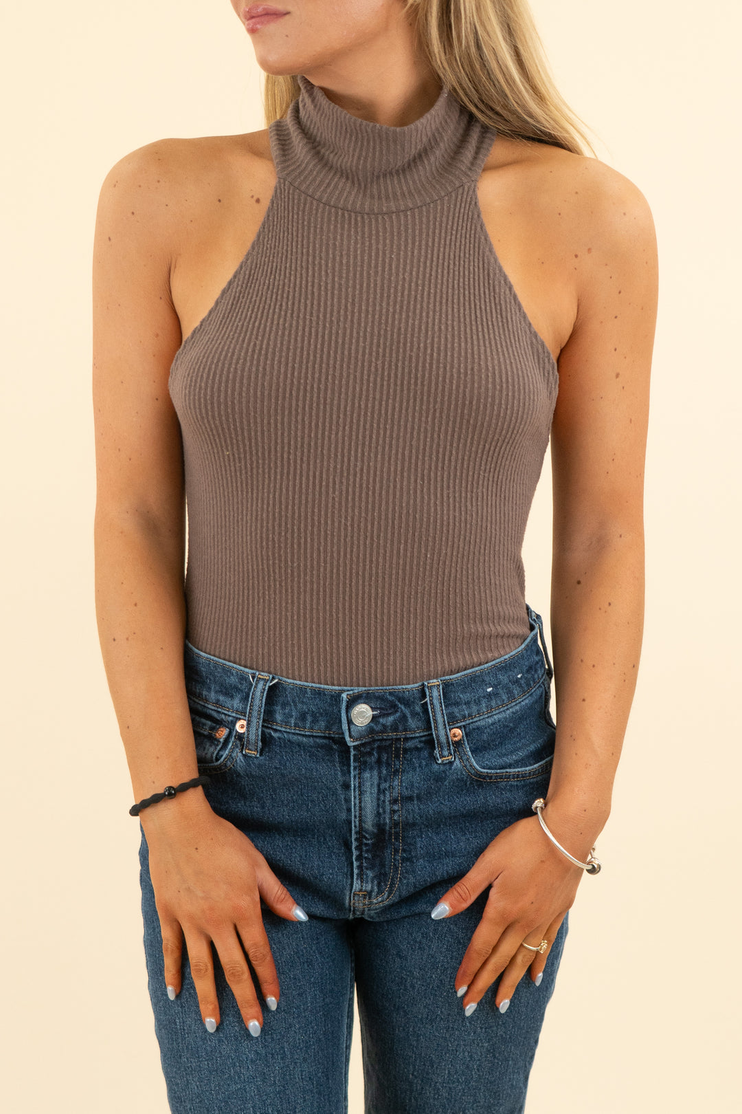 joah brown dark brown ribbed turtleneck tank (m/l; retail $74)