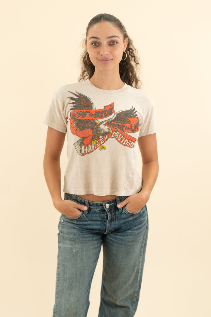 AUCTION made worn tan terry cloth harley davidson short sleeve top (s)