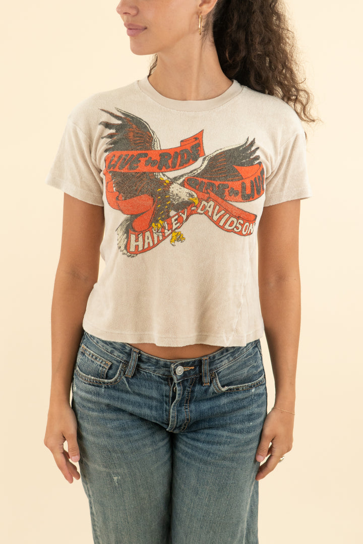 AUCTION made worn tan terry cloth harley davidson short sleeve top (s)